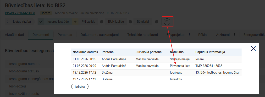 Attēls. Būvniecības lietas vēsturē ieraksts par TMP lietas pievienošanu.