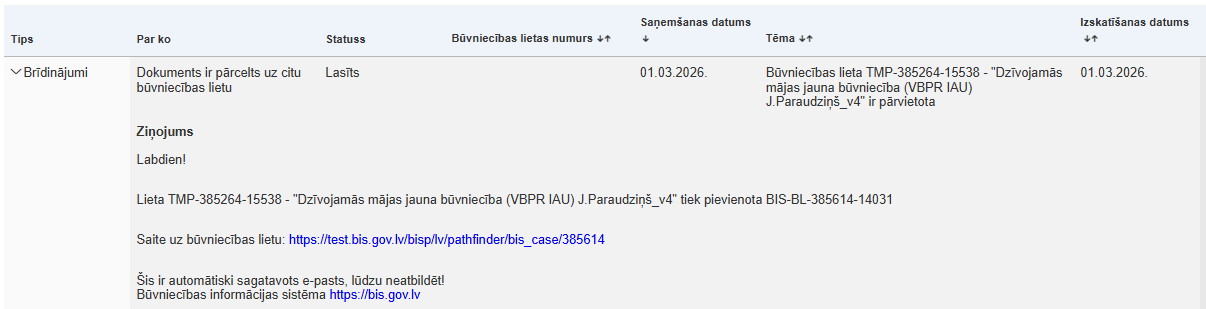 Attēls. Brīdinājuma paziņojums, ka pārcelta lieta.
