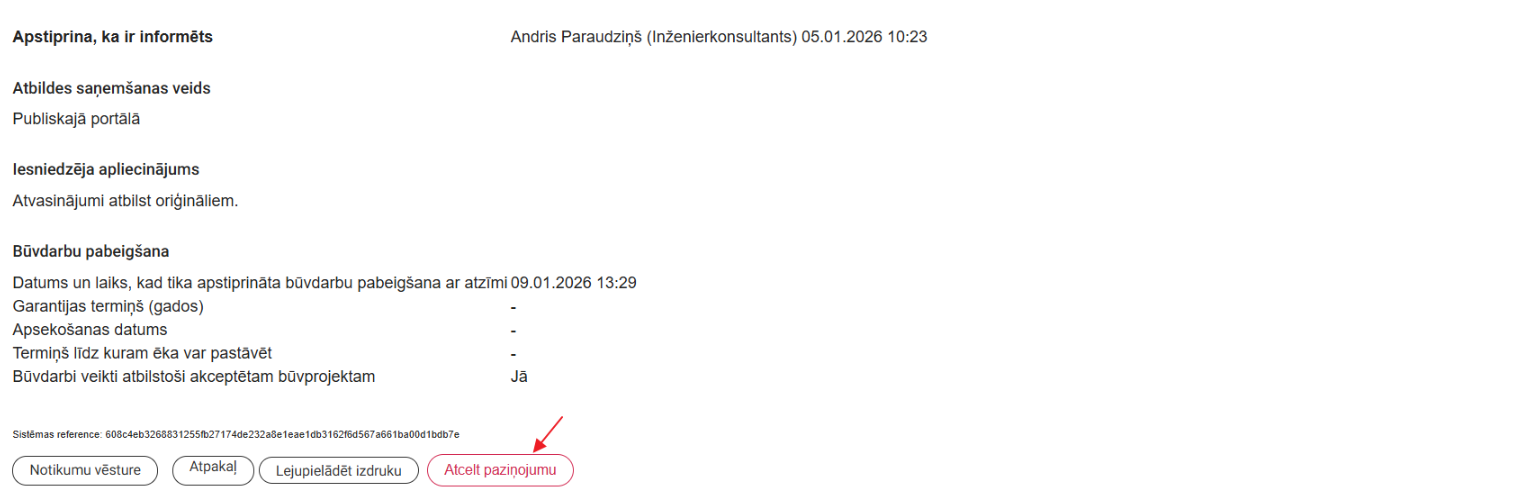 Attēls. Poga %22Atcelt paziņojumu%22 paziņojuma dokumenta skata formā.