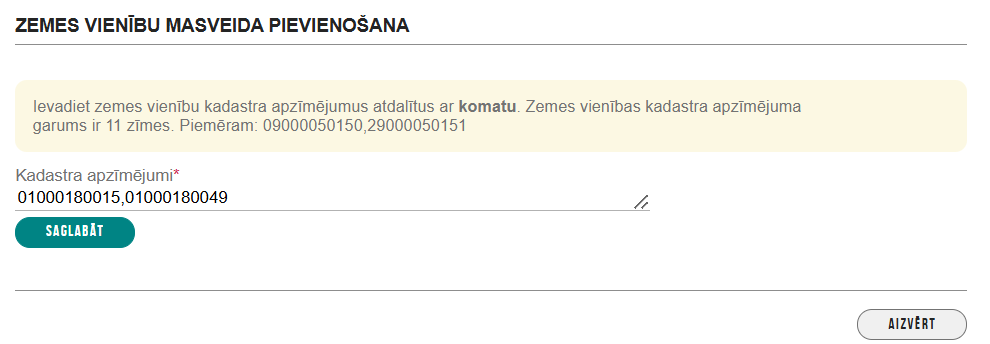 Attēls. Zemes vienību masveida pievienošana.