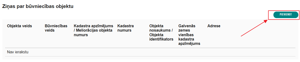 Attēls. Ievades solī “Ziņas par būvniecības objektu%22 jauna objekta pievienošana.