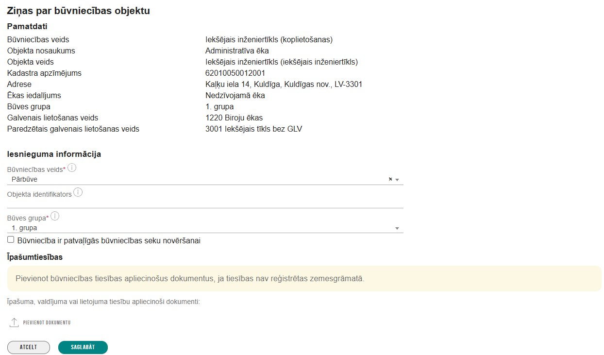Attēls. Datu ievade būvniecības objektam %22Iekšējais inženiertīkls (koplietošanas)%22.