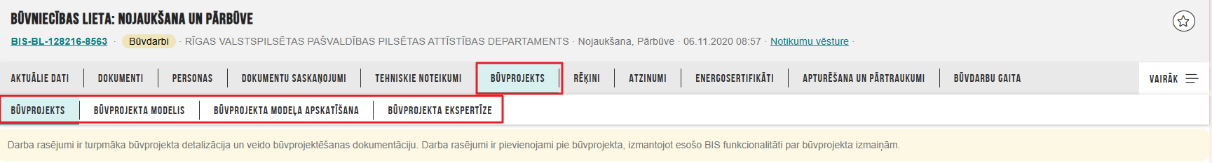 Attēls. Būvniecības lietas sadaļa %22Būvprojekts%22 un tās apakšsadaļas.