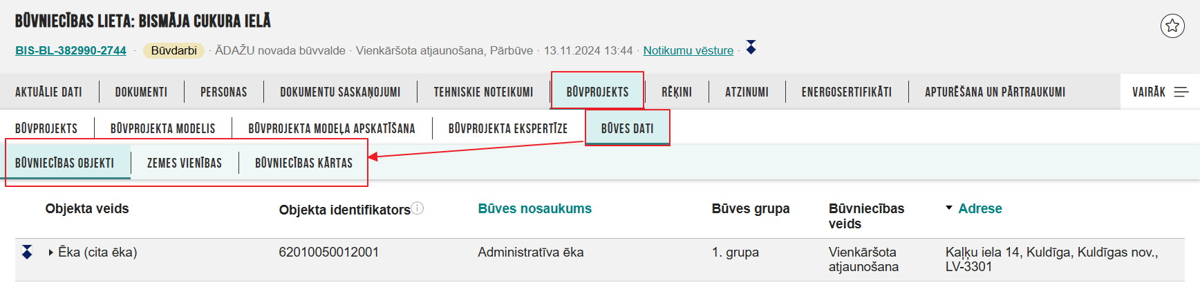 Attēls. Sadaļa %22Būves dati%22 būvprojekta sadaļā