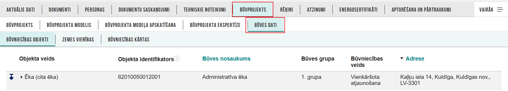 Attēls. Aktuālo būvniecības objektu saraksts.