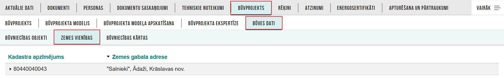 Attēls. Aktuālo zemes vienību saraksts.