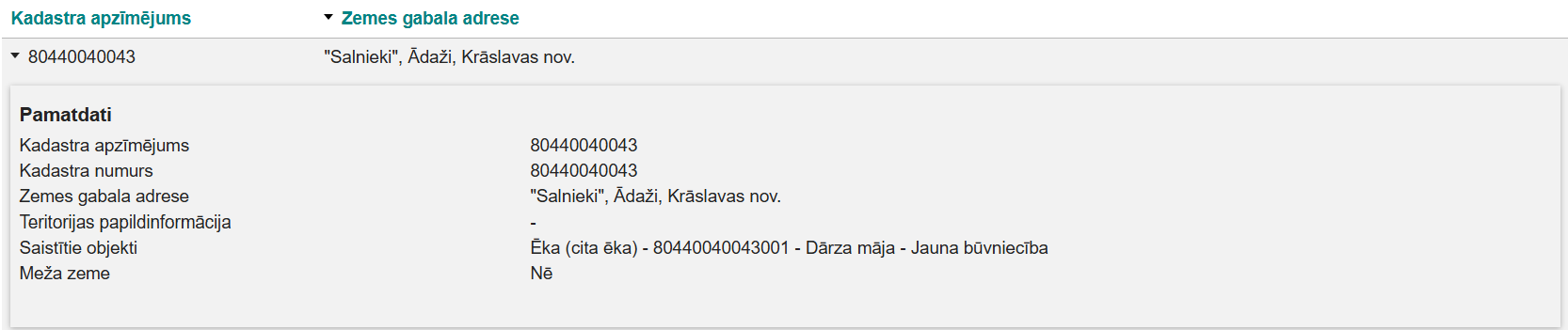 Attēls. Būvniecības lietas aktuālās zemes vienības dati.