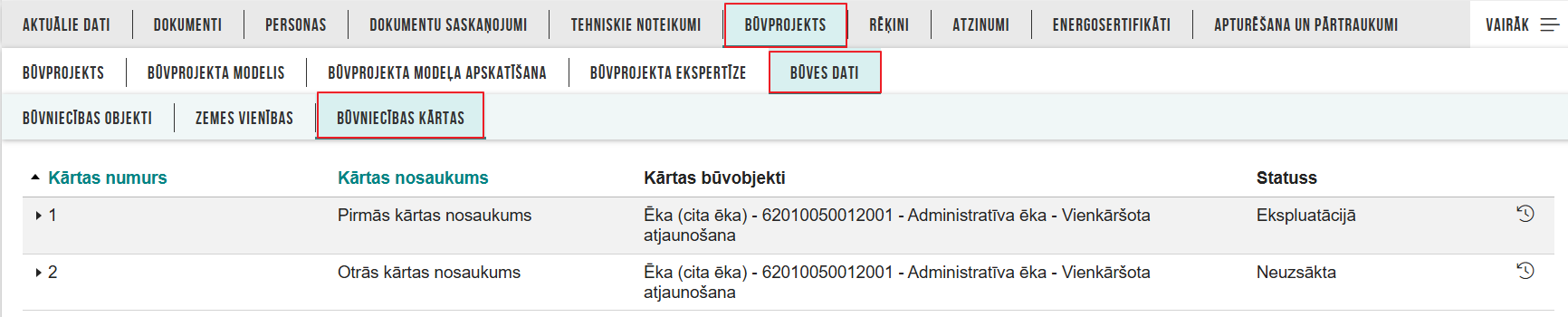 Attēls. Būvniecības lietas aktuālo kārtu saraksts.