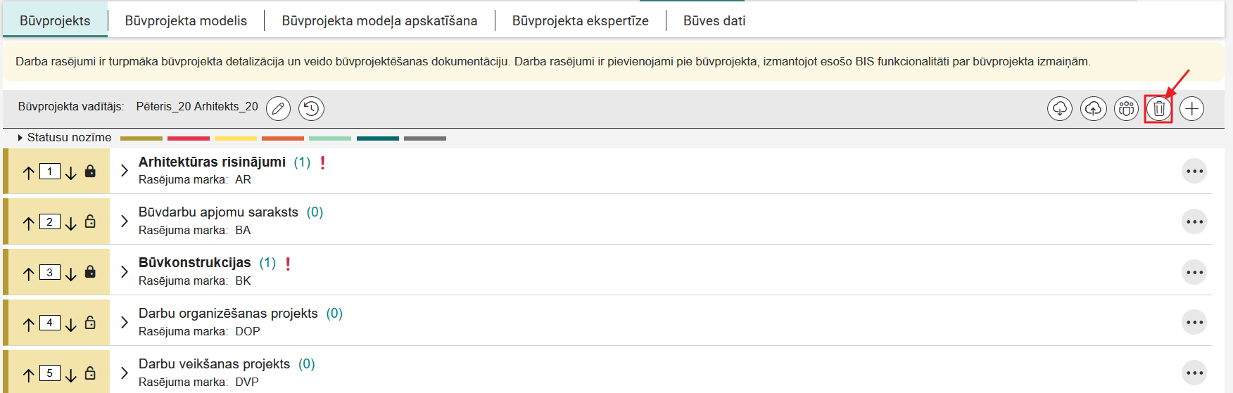 Attēls. Būvprojekta tukšo daļu masveida dzēšanas ikona.