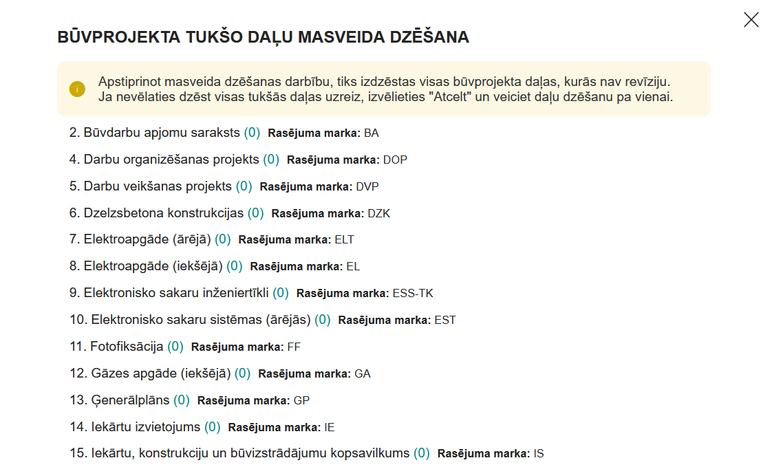 Attēls. Brīdinājums par būvprojekta tukšo daļu masveida dzēšanu.