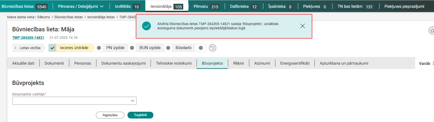 Attēls. Informatīvs paziņojums par navigāciju uz %22Būvprojekta%22 sadaļu.