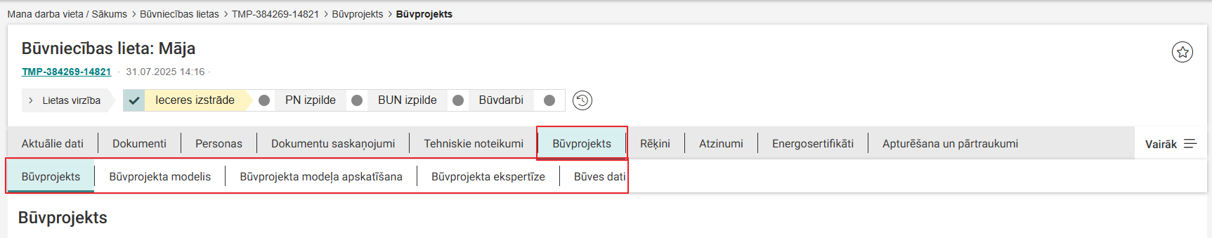 Attēls. Būvniecības lietas sadaļa %22Būvprojekts%22 un tās apakšsadaļas.