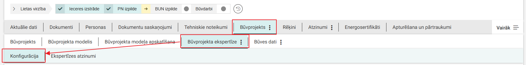 Attēls. Būvniecības lietas Būvprojekta ekspertīzes konfigurācijas sadaļa.