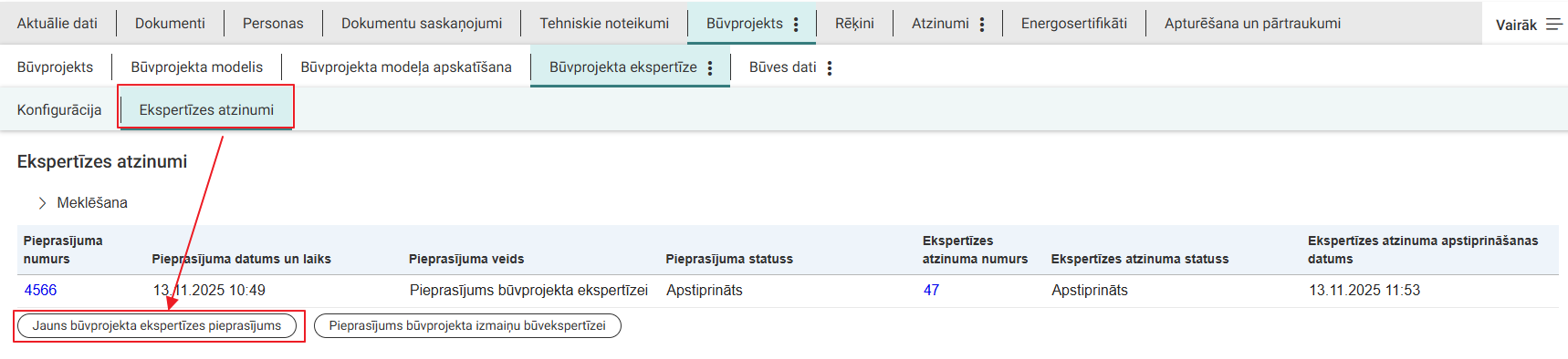 Attēls. Jauna pieprasījuma būvprojekta ekspertīzei izveidošana.