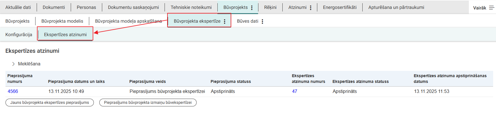 Attēls. Būvprojekta ekspertīzes šķirklis “Ekspertīzes atzinumi”
