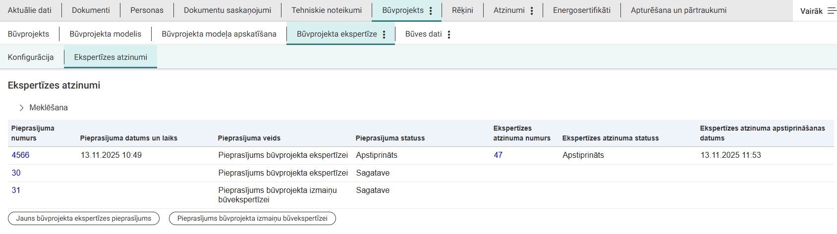 Attēls. Ekspertīzes atzinumu saraksts.