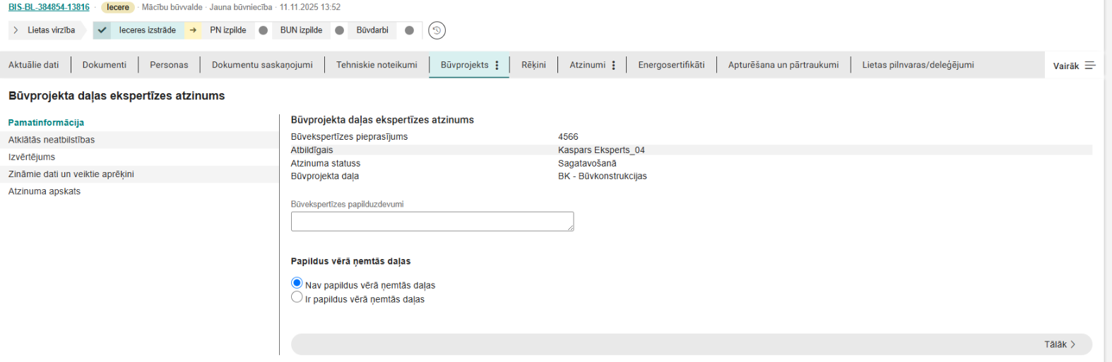 Attēls. Būvprojekta ekspertīzes atzinuma solis %22Pamatinformācija%22.