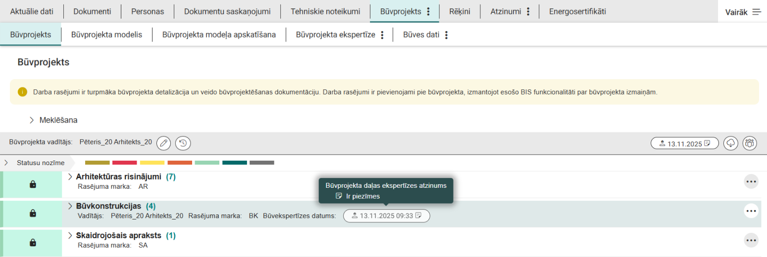 Attēls. Pazīme par pievienotām piezīmēm būvprojekta daļas ekspertīzes atzinumā.