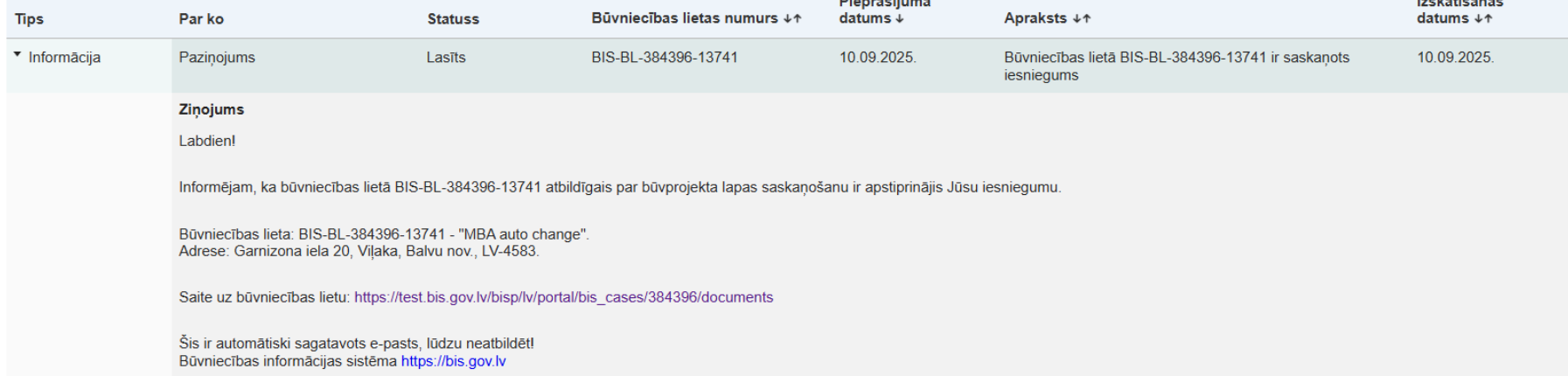 Attēls. Informatīvs paziņojums būvprojekta lapas saskaņošanas iesniedzējam.