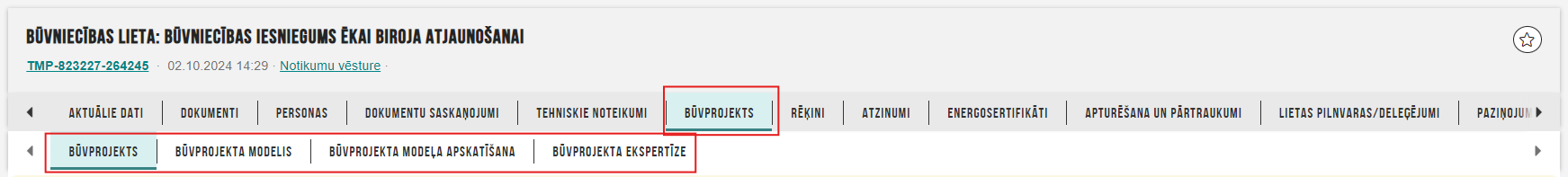 Attēls. Būvniecības lietas sadaļa %22Būvprojekts%22 un tās apakšsadaļas.