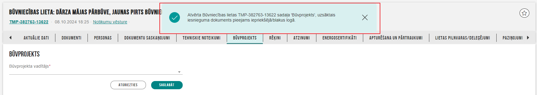 Attēls.Informatīvs paziņojums par navigāciju uz %22Būvprojekta%22 sadaļu.