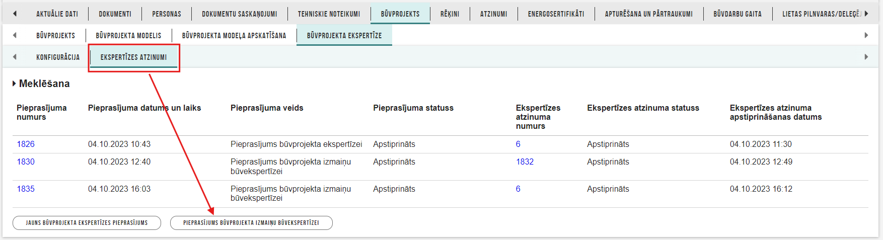 Attēls. Jauna pieprasījuma būvprojekta izmaiņu būvekspertīzei izveidošana