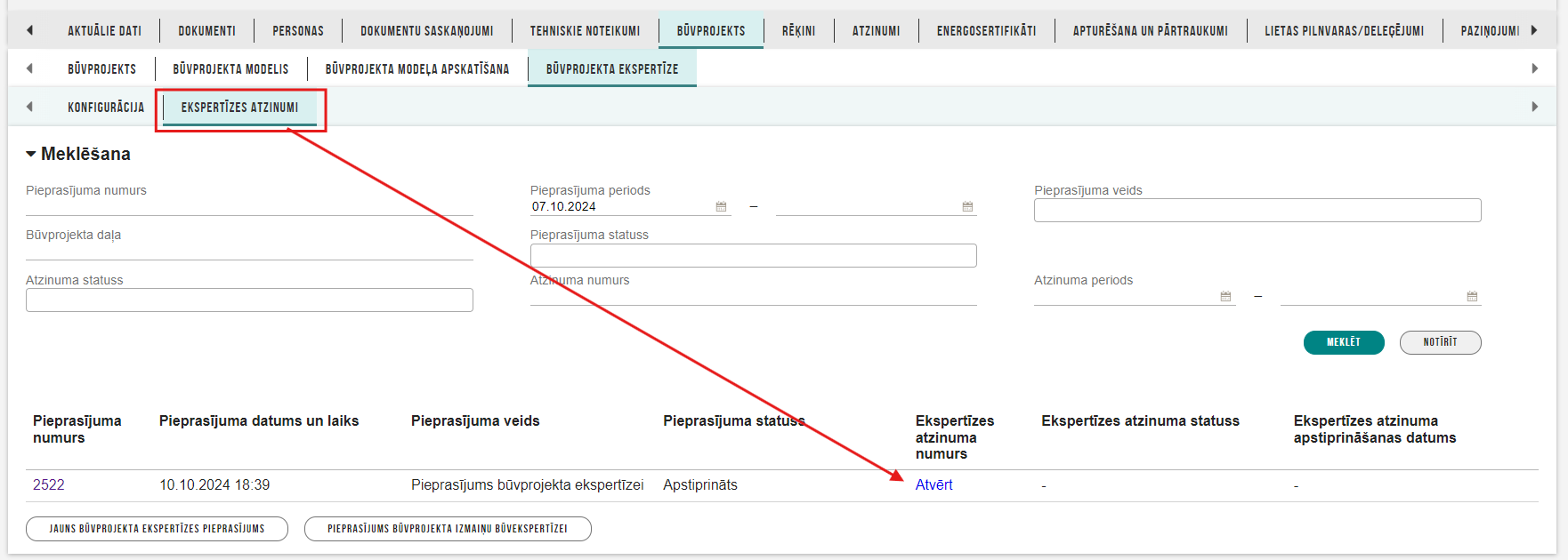 Attēls. Būvprojekta būvekspertīzes atzinuma veidošanas uzsākšana.