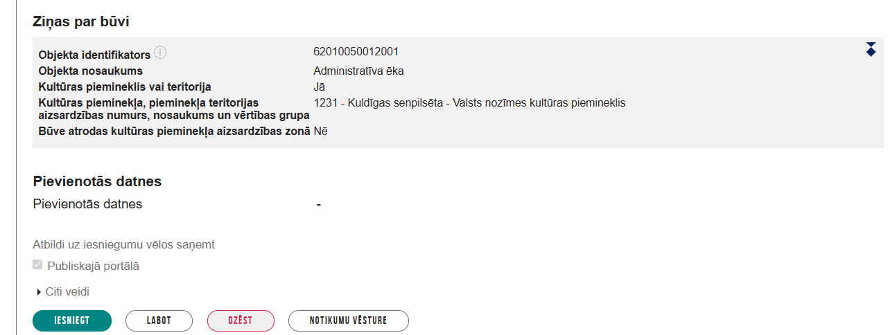 Attēls. Kultūras pieminekļu atļaujas saņemšanas iesnieguma kopskats.
