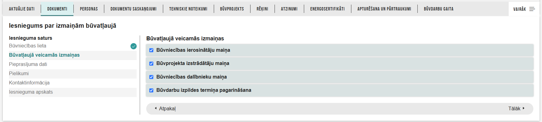Attēls. Būvatļaujā veicamās izmaiņas ar iesniegumu par izmaiņām būvatļaujā.