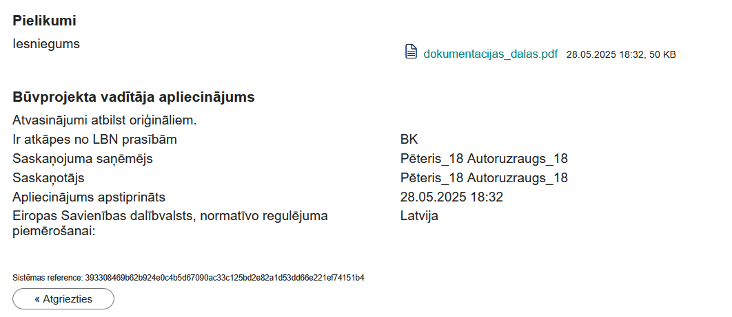 Attēls. Iesnieguma apskats, bloks %22Būvprojekta vadītāja apliecinājums%22.