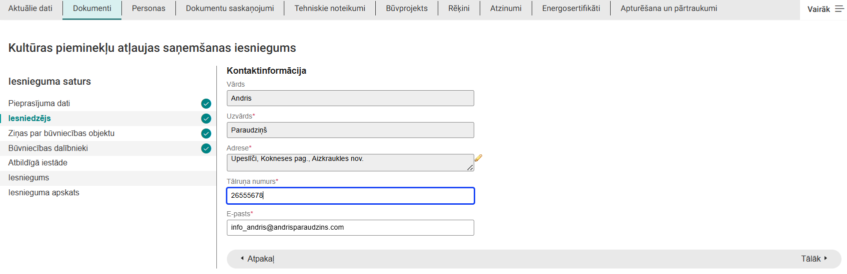 Attēls. Kultūras pieminekļu atļaujas saņemšanas iesniegums – iesniedzēja kontaktinformācija.