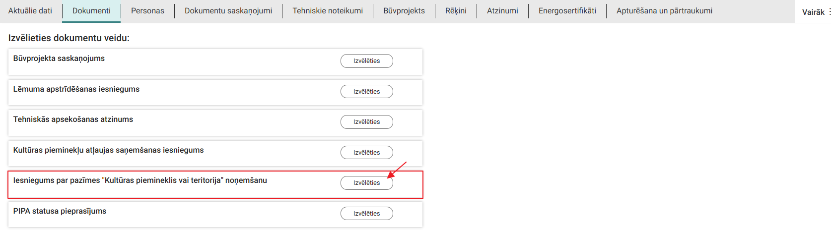 Attēls. Uzsākt veidot dokumentu %22Iesniegums par pazīmes “Kultūras piemineklis vai teritorija” noņemšanu%22.