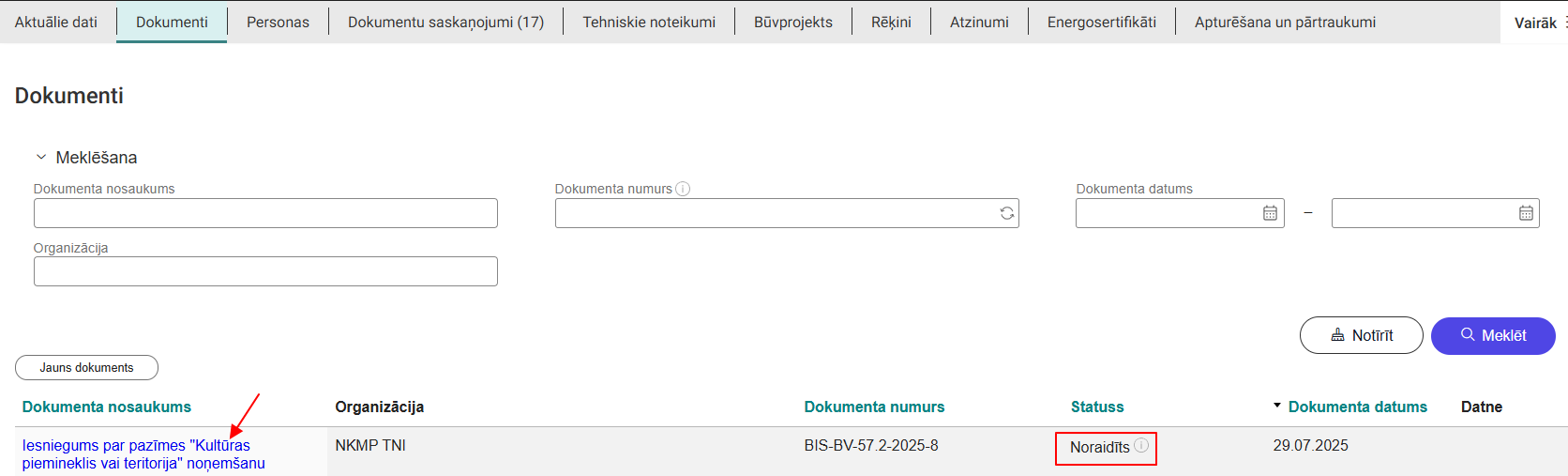 Attēls. Noraidīta iesnieguma atvēršana BISP.
