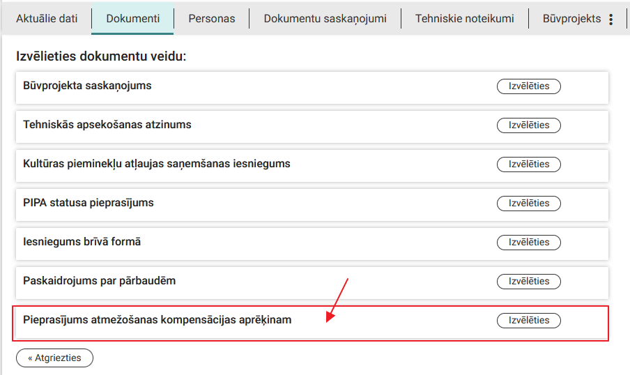 Attēls. Manuāli uzsākt veidot dokumentu %22Pieprasījums atmežošanas kompensācijas aprēķinam.