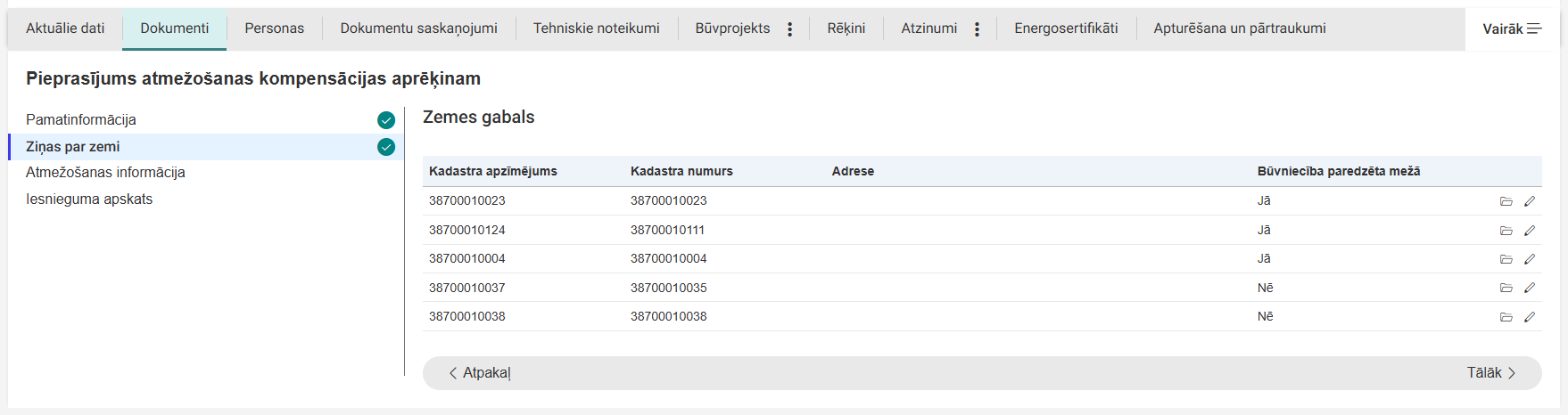 Attēls. Pieprasījums atmežošanas kompensācijas aprēķinam ievades solis “Ziņas par zemi”.