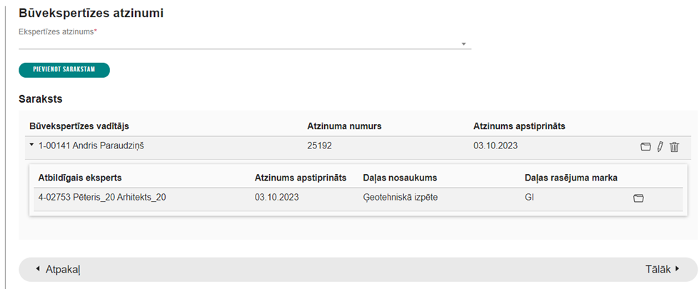 Attēls. Projektēšanas nosacījumu izpildes iesniegums – sadaļa %22Ekspertīzes atzinumi%22.