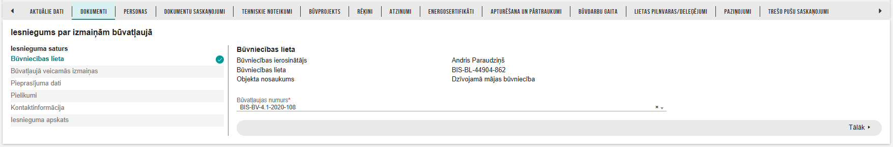 Attēls. Iesniegums par izmaiņām būvatļaujā pirmais ievades solis.