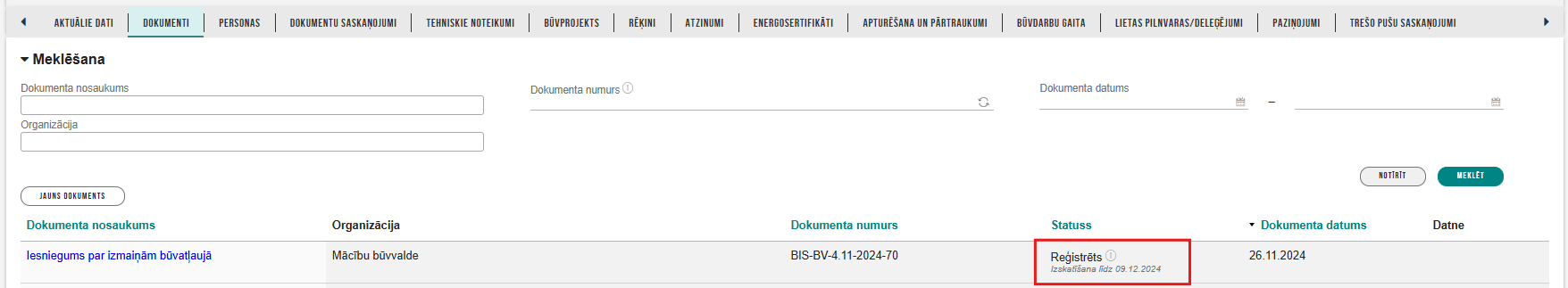 Attēls. %22Iesniegums par izmaiņām būvatļaujā%22 dokumentu sarakstā.