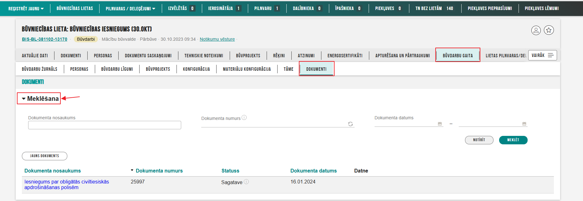 Attēls. Meklēšanas bloks %22Būvdarbu gaitas%22 sadaļā %22Dokumenti%22.