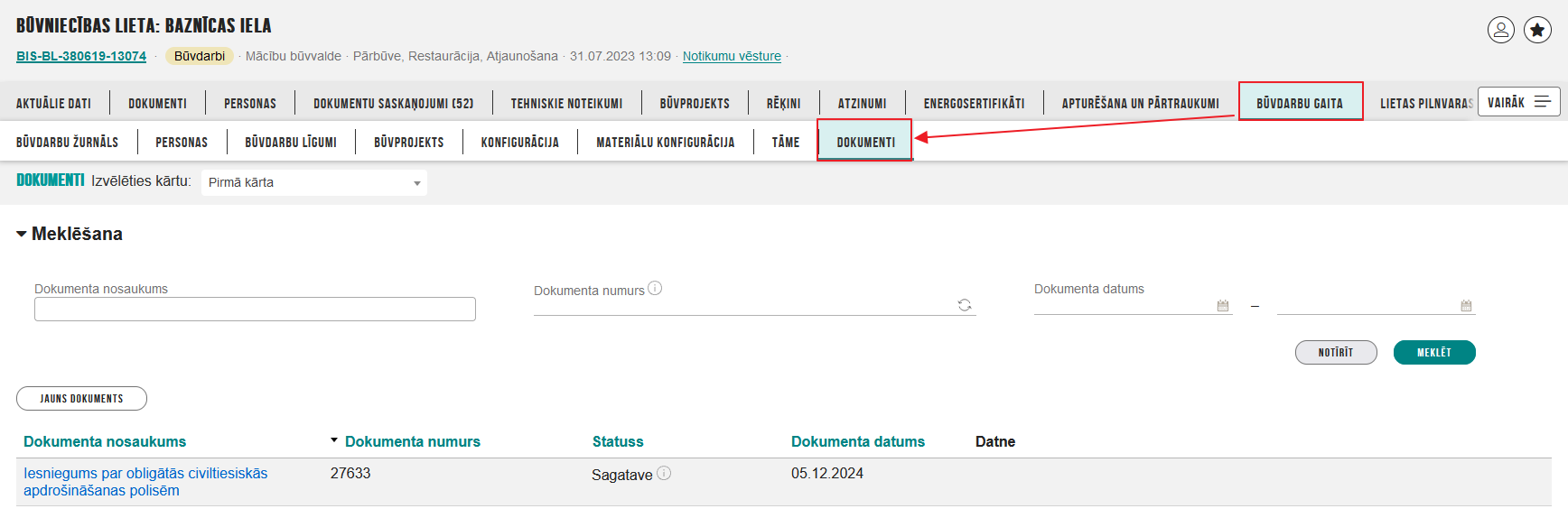 Attēls. %22Būvdarbu gaitas%22 sadaļa %22Dokumenti%22.