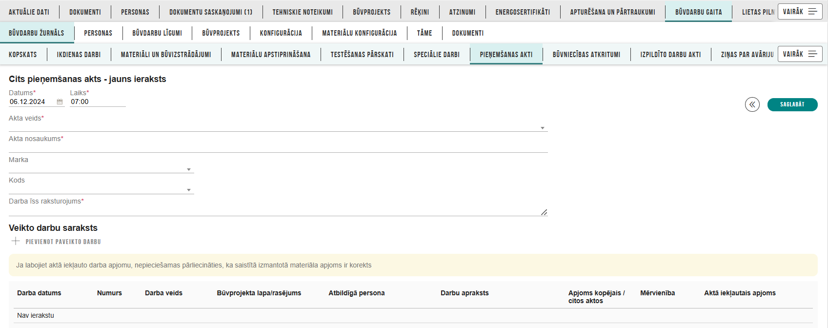 Attēls. Cits pieņemšanas akts - pamatinformācijas un veikto darbu bloks.