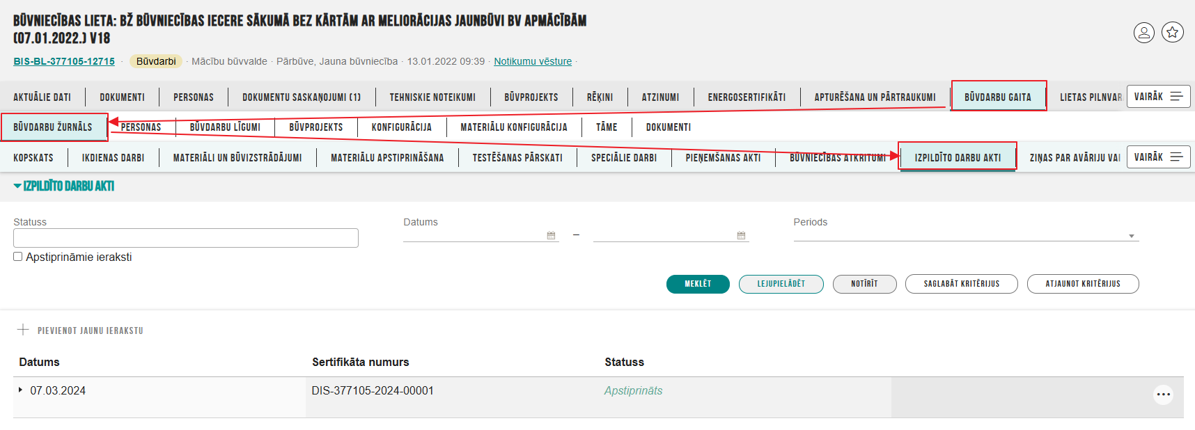 Attēls. Būvdarbu žurnāla sadaļa %22Izpildīto darbu akti%22.