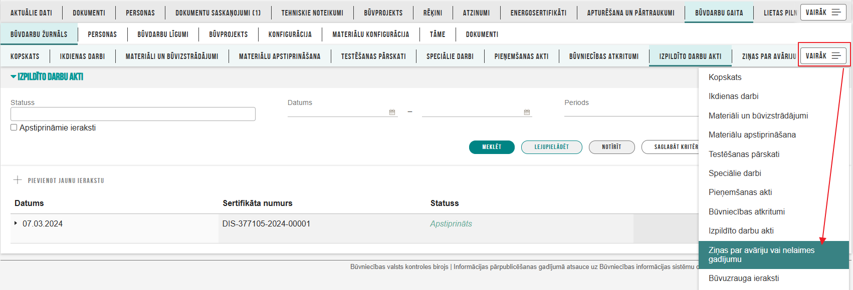 Attēls. Atvērt %22Būvdarbu žurnāla%22 sadaļu %22Ziņas par avāriju vai nelaimes gadījumu%22.