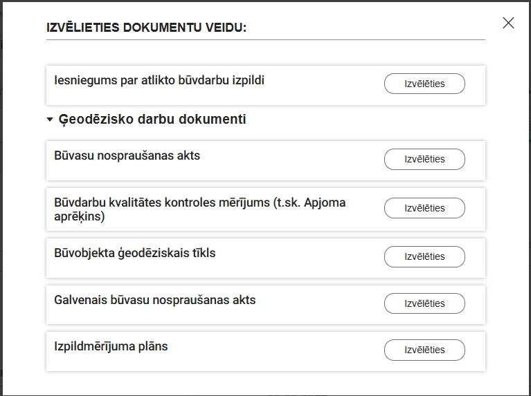 Attēls. Ģeodēzisko darbu dokumentu izvēle.
