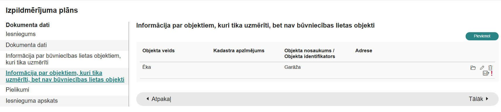 Attēls. Informācija par objektiem, kuri tika uzmērīti, bet nav būvniecības lietas objekti pievienoto būvju saraksts.