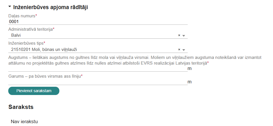 Attēls. Inženierbūves apjoma rādītāju ievade.