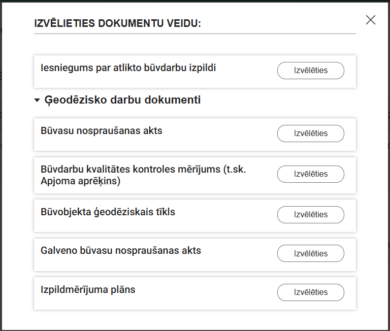 Attēls. Ģeodēzisko darbu dokumentu izvēle.
