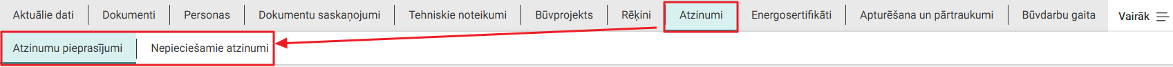 Attēls. Būvniecības lietas sadaļa %22Atzinumi%22.