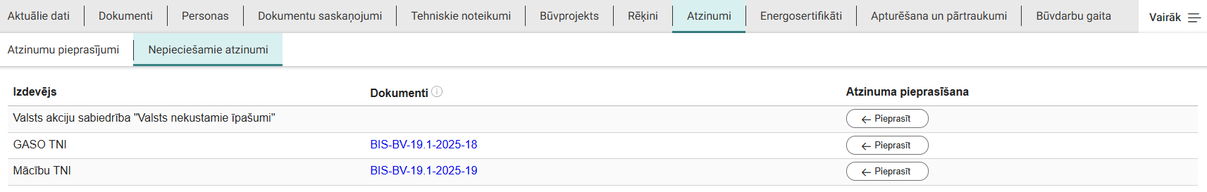 Attēls. Sadaļa %22Nepieciešamie atzinumi%22.