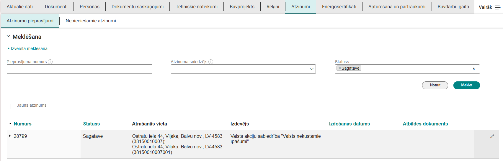 Attēls. Izveidotā atzinuma sagatave Atzinumu sarakstā.